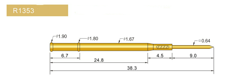 R1353-W探針套管、1.67mm測試針、總長38.3mm、彈簧針套管圖片、測試針套管圖片、頂針套管圖片、探針套管圖片